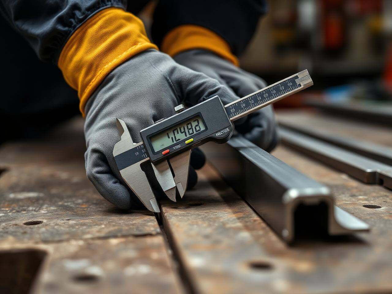 Profissional MVA medindo perfil de alumínio